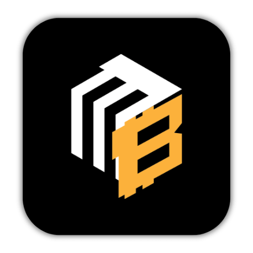 Geometric logo: a white 3D cube shape with an orange stylized 'B' on a black background.